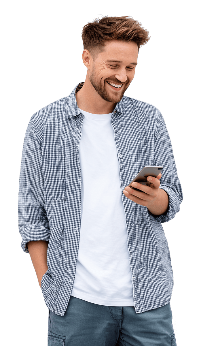 Happy customer using loan app on phone